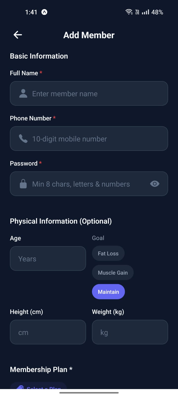 Strivv Fit add member screen with onboarding fields and goals